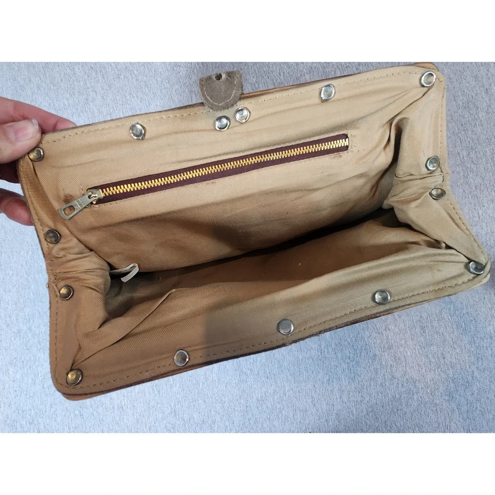 Vintage Suede Wood Frame Clutch Bag Womens Medium Brown Bohemian Made in HK